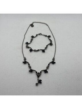 Claire's Flower/Leaf Vine Necklace and Bracelet Gothic Black Tone Rhinestone